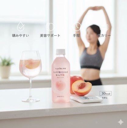 カウンターに置かれた「Cycle.me たんぱく質がとれる水 ほんのり桃」と桃、そして計量器に表示された「30kcal」。背景にはストレッチをする日本人女性がぼんやりと映っており、手前には「飲みやすい」「美容サポート」「手軽」「低カロリー」といった商品の特徴を示すアイコンが並んでいる。