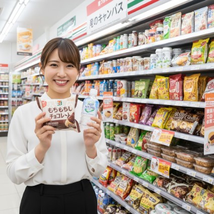 顧客の声によって改善されたコンビニの新商品(デザート)を手に取り、満足そうに微笑む日本人女性。