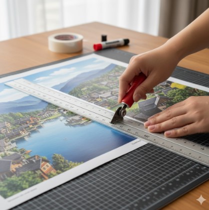 日本人の手が、ポスターの絵柄がずれないよう、定規を当ててカッターで印刷物の余白(フチ)を慎重に切り落としている作業風景。