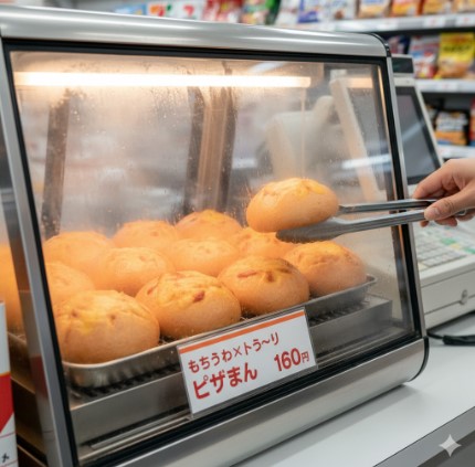コンビニのレジ横にあるホットスナック保温ケースで温められているピザまん。