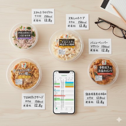 セブンイレブンの様々なカップデリがテーブルに並べられ、その傍らに価格とカロリーが記載されたメモやスマートフォンが置かれている。