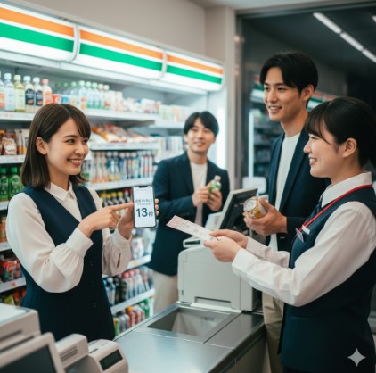 セブンイレブンのレジで、若い日本人カップルが店員にスマートフォンの13桁の番号を提示し、店員が笑顔でチケットを発券している。背景には友人もいる。