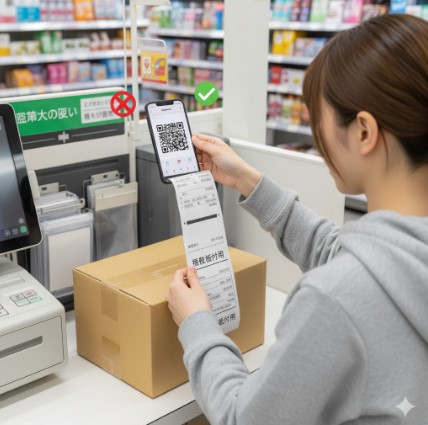 日本人女性がコンビニのレジカウンターで、フリマアプリのバーコードを表示したスマートフォンと、印刷された宅配便の伝票を段ボール箱に貼り付けている。