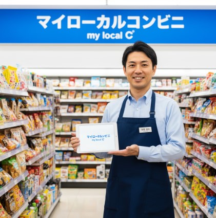 コンビニ店員が店内で笑顔でタブレットを掲げ、緊急時の名刺印刷に関する情報を案内する様子