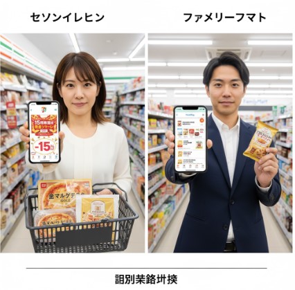 左右に分割された画像。左側はセブンイレブンの店内で「金 の マルゲリータ」を持つ女性が15周年セールを示すスマホ画面を掲げ、右側はファミリーマートの店内で男性がファミペイアプリとファミマルプレミアム商品を見せる。