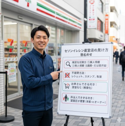 コンビニの入り口に立つ日本人店長が、まとめのポイントが書かれたボードを指し示している。ボードには「求人情報」「許可証」「お客さんとしての違い」「働く人としての違い」などのキーワードが分かりやすくまとめられている。