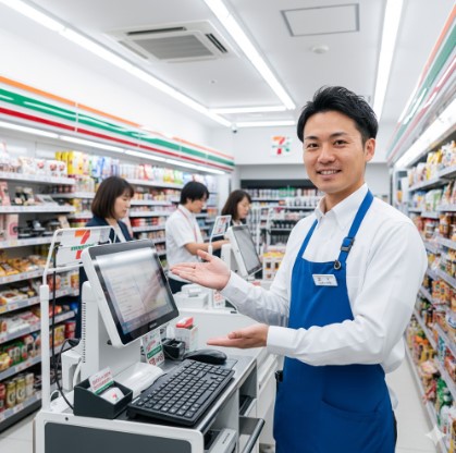 セブンイレブンのレジカウンター越しに、日本人店員が自信に満ちた笑顔で接客している様子。レジ全体が明るく、効率的に機能している雰囲気が伝わる。