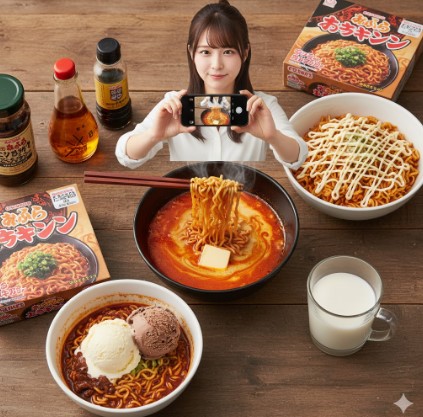 木のテーブルに置かれた様々な辛い食べ物のアレンジ料理を、若い女性がスマートフォンで撮影している。バターを入れたラーメン、マヨネーズをかけた焼きそば、アイスクリームを乗せた麺、牛乳などが並べられている。