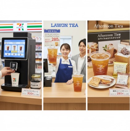 セブンイレブンの紅茶マシン、ローソンのマチカフェ（メガサイズ）、ファミリーマートのAfternoon Teaコラボ商品の3つのコンビニ紅茶戦略を比較したイメージ