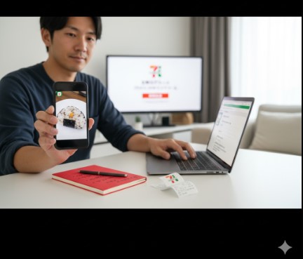 自宅でセブンイレブンのロゴが表示されたテレビを背景に、日本人男性がノートパソコンとスマートフォンを操作している。男性はスマートフォンの画面に映った不適切な商品の写真をこちらに向け、手元にはレシートと赤いノートが置かれている。公式チャネルへの適切な情報提供の準備を示す。