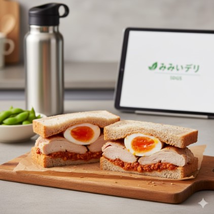 たんぱく質が摂れるチキン&チリ」サンドイッチが木製のカッティングボードに置かれ、背景のタブレットには「みらいデリ」のロゴが表示されている。