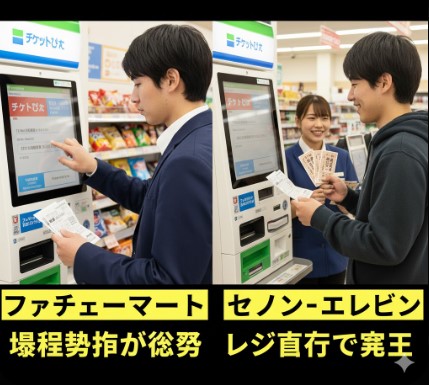 セブンイレブンとファミリーマートのマルチコピー機を比較し、相撲チケットの発券方法の違い（セブンはレジ直行、ファミマは端末操作必須）を示している様子。