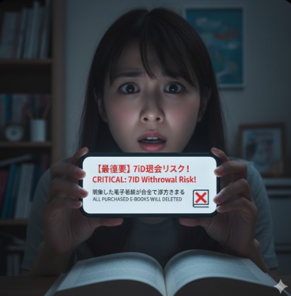 スマートフォンで7iDアプリをアンインストールしようとして、警告メッセージに驚く日本人女性。電子書籍などのデジタル資産を失うリスクを象徴的に表現。