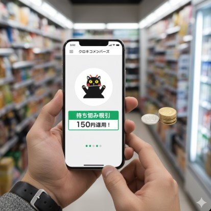 発送コストを最小化するため、スマートフォンでクロネコメンバーズに登録する様子と割引額（150円）を象徴する硬貨。