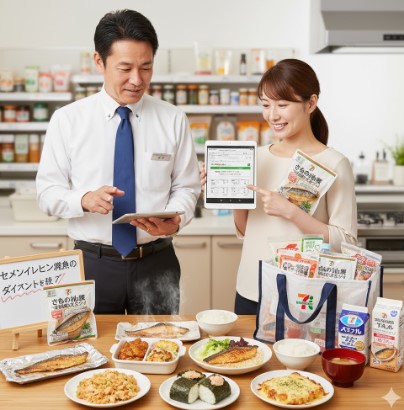 コンビニ店長と女性が、セブンイレブンの焼魚とそのアレンジ料理を前に、タブレットで商品情報を確認しながら満足げに会話している。