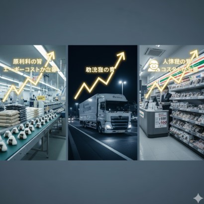 おにぎりの値上げ要因を示す3つの画像を並べたコラージュ。左からおにぎり工場での原材料・エネルギーコスト上昇、夜間の道路を走るトラックによる物流費上昇、コンビニエンスストア店員とレジのおにぎりによる人件費・コスト上昇を表し、それぞれに上昇傾向のグラフがオーバーレイされている。