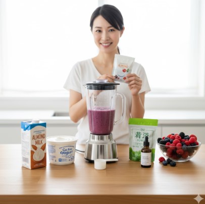 キッチンで、ブレンダーで作られたスムージーの前に立ち、様々な代替材料（アーモンドミルク、無脂肪ヨーグルト、青汁パウダー、甘味料、プロテインなど）と共に笑顔でポーズをとる若い日本人女性。