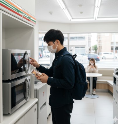 コンビニのイートインスペースで、購入した冷凍ラーメンを温めるために電子レンジを操作している日本人客の様子。