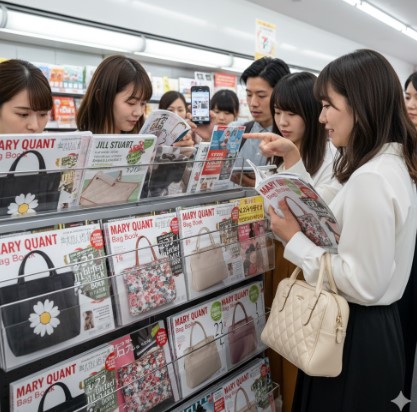 コンビニエンスストアで宝島社のムック本「MARY QUANT Bag Book」やJILL STUARTの付録付き雑誌を眺める日本人のお客様たち。付録のバッグが表紙を飾っており、異なるデザインや色を比較している様子。スマートフォンで情報検索をする人もいる。