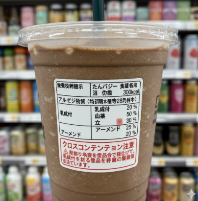 完成したチョコレートフラッペのカップに貼られた栄養成分表示とアレルギー警告表示の拡大。特に「クロスコンタミネーション注意」の赤い文字が強調されており、アレルギーを持つ消費者への注意喚起が示されている。