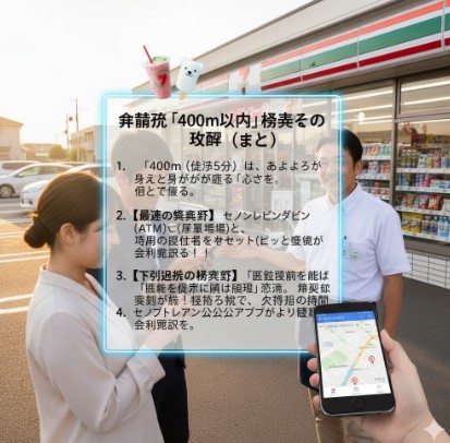 コンビニ店長と客が笑顔で会話しており、「齋藤流『400m以内』検索の最適解（まとめ）」と書かれたデジタルオーバーレイが表示されている様子。
