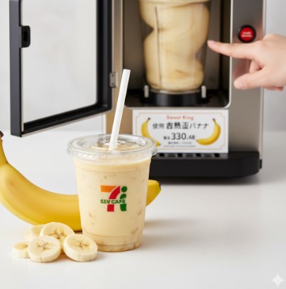 セブンイレブンのバナナミルクスムージーが完成し、手前に新鮮なバナナの輪切りと専用マシンが写っている。マシンには「甘熟王バナナ」使用のプライスカードが見える。