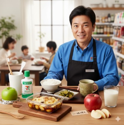 にんにくの食後の口臭対策を示すイメージ。テーブルの上に、リンゴ、コップ一杯の牛乳、湯呑みに入った緑茶が並べられている。