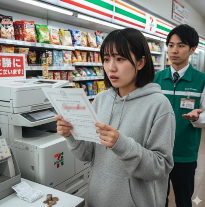 コンビニのマルチコピー機から印刷された住民票を見て、内容の間違いに気づき後悔している日本人。印刷後の返金不可を表現。
