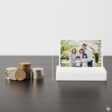 積み上げられたコイン(価格)と、高画質で美しい写真(品質)を並べて比較しているイメージ画像。