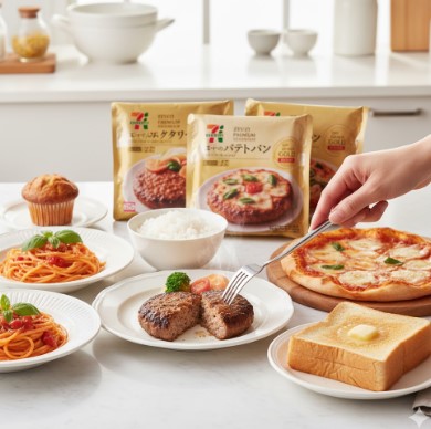 キッチンのテーブルに並べられたセブンプレミアムゴールドの商品。食パン、ハンバーグ、パスタ、ピザ、マフィンが食卓を彩る。