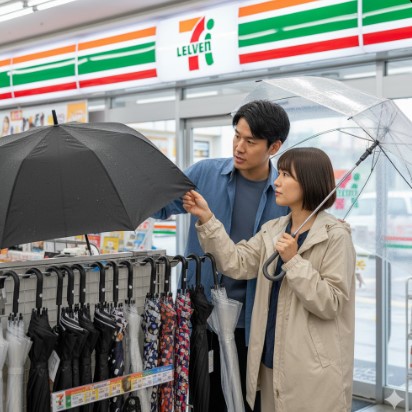 セブンイレブンの傘コーナーで、様々な種類の傘を興味深そうに見ているアジア人夫婦。彼らが傘を手に取って品質を確かめている様子。
