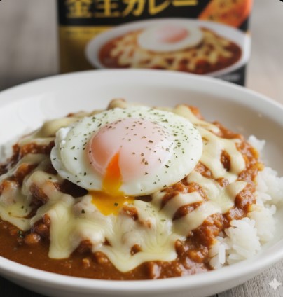 白い皿に盛られたご飯とセブンイレブンの金のカレーに、とろけるチーズと半熟の目玉焼きがトッピングされている。黄身がとろりと流れ出し、食欲をそそる様子。背景には金のカレーのパッケージがぼやけて写っている。