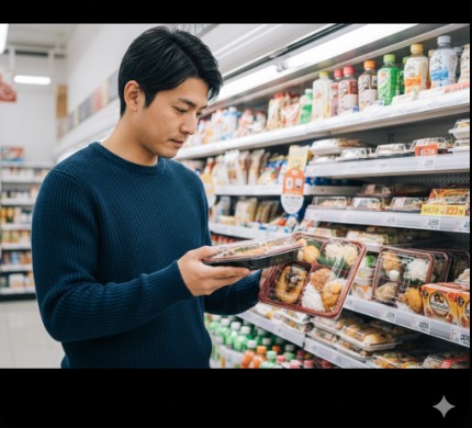 コンビニで弁当を手に持ち、見た目に惑わされず重さを確認して商品を選んでいる日本人消費者の様子。