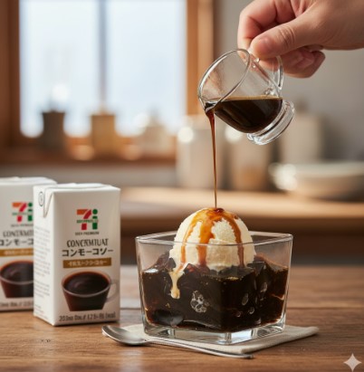 自宅の食卓で、セブンプレミアムの濃縮コーヒーで作ったコーヒーゼリーにバニラアイスを添え、さらに濃縮コーヒーをアフォガードのようにかけている手元の様子。