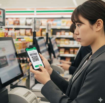 セブンイレブンのセミセルフレジでスマートフォンに表示されたアプリの会員コードを提示する日本人女性。