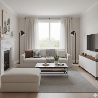 リビングルームのソファに座り、タブレットでセブンイレブンの高タンパク・低脂質商品について調べている日本人女性。手元にはコンビニで購入した健康的な食事が広げられている。