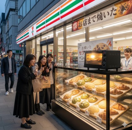セブンイレブンの店頭に設置されたガラスショーケースには、焼きたてのパンやクッキーが並べられている。女性客が驚きと期待の表情でそれらを見つめている。