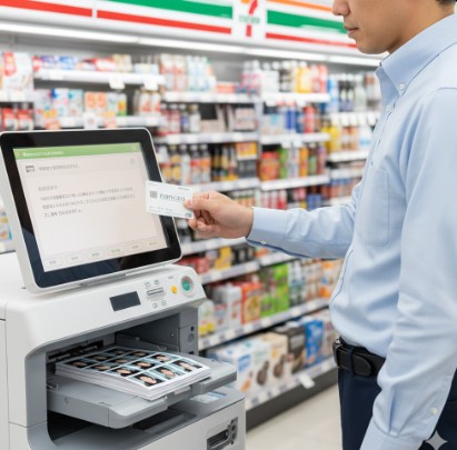 コンビニのマルチコピー機で証明写真を印刷し、nanacoカードを使って支払いをする日本の男性