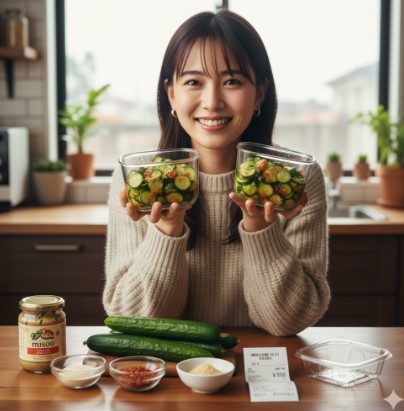 自作した「ピリ辛きゅうり」の保存容器を両手に持ち、笑顔を見せる日本人女性。テーブルにはきゅうりや調味料、レシートが並んでいる。