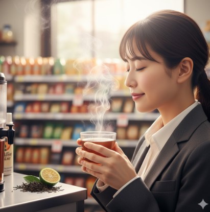 セブンイレブンの紅茶の「香り」の良さを表現。本格的な茶葉の華やかな香りに癒される日本人利用者の様子。