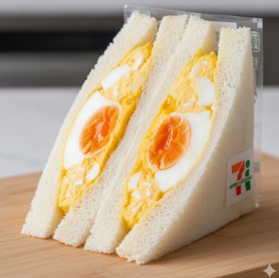 クリーミーで層の厚い、非常に美味しそうなコンビニのたまごサンドイッチをクローズアップ。