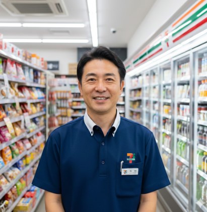 コンビニエンスストアの制服を着て笑顔で立つ日本人男性の店長が、商品棚に囲まれた店内で撮影されている。