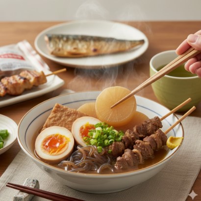 湯気の立つおでんと、焼き鳥、サバの塩焼き、緑茶が並んだ食卓。箸がおでんの大根を掴んでいる。