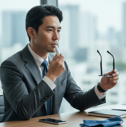 窓からの光が差し込むオフィスで、リップクリームを塗って身だしなみを整える、スーツ姿の凛々しいアジア人ビジネスマン。