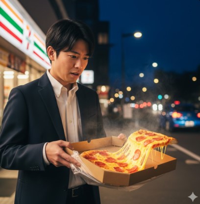 夜、セブンイレブンの店先で、持ち帰り用のピザが箱の中で斜めになり、チーズや具材が片寄ってしまい、困惑した表情を浮かべるスーツ姿の日本人男性。