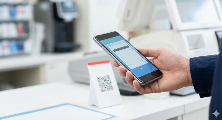 コンビニのレジでスマートフォンを使ってキャッシュレス決済をする様子