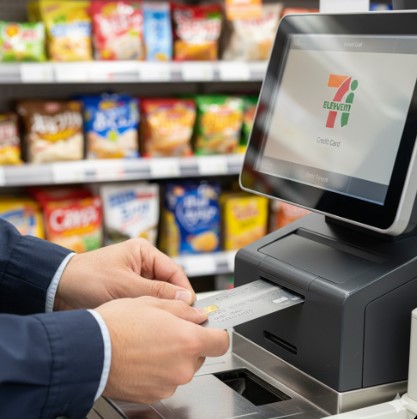 セブンイレブンのセミセルフレジでクレジットカードを差し込む日本人男性の手。