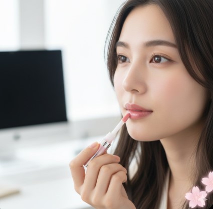 明るいオフィス環境でセブンイレブンのパラドゥ サクラヴェールリップ（PK01 ほんのり桜色）を塗るアジア人女性。