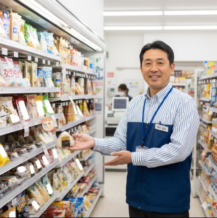 現役の日本人コンビニ店長が、店内で笑顔でおにぎりを持って案内している様子