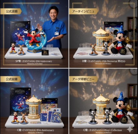 コンビニ店長の齋藤正志が、一番くじディズニーファンタジア85周年記念グッズのヴィネットフィギュア、カルーセルライト、ミニフィギュア、ポーチ、クリアファイルなどを展示台で紹介している。